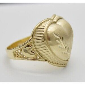 Real 10k Yellow Solid Gold Tree Leaf Design Shiny Heart Shape Ring 3.6 grams